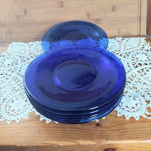 Vintage Six Cobalt Blue Glass Salad/Luncheon Plates 8" Retro Country Farmhouse Kitchen Decor