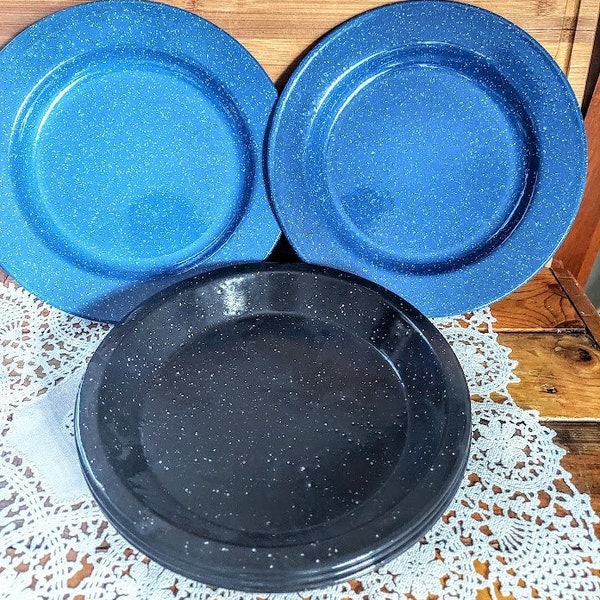 Vintage Six Speckled Metal Enamel Dinner Plates Four Black and 2 Blue Retro Camping Country Farmhouse Kitchen