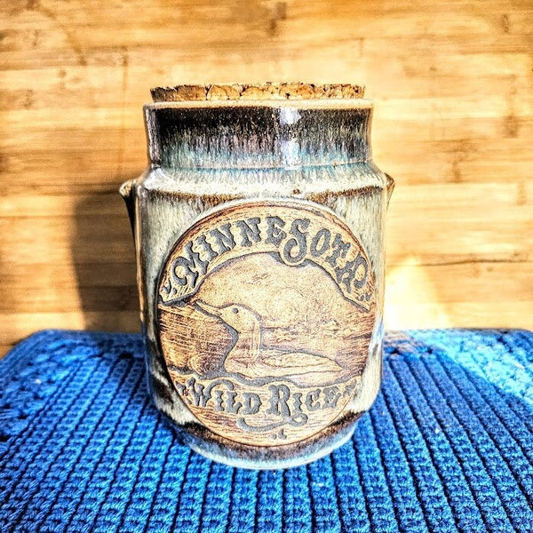 Vintage Rustic Minnesota Wild Rice Pottery Stoneware Container Duck in Reeds Retro Cabin Decor