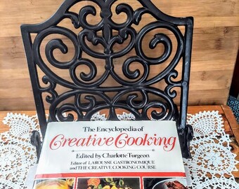 Vintage Black Solid and Heavy Cast Iron Cookbook Stand Retro Country Farmhouse Decor Includes Vintage Creative Cooking Cookbook