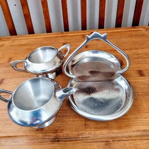 Vintage 3 Piece Pewter Cream and Sugar Set MADE IN NORWAY, Retro Farmhouse Kitchen Decor, Cream and Sugar Set