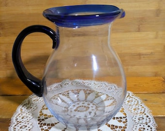 Vintage Hand-blown Mexican Glass Bola Pitcher with Cobalt Blue Handle and Rim