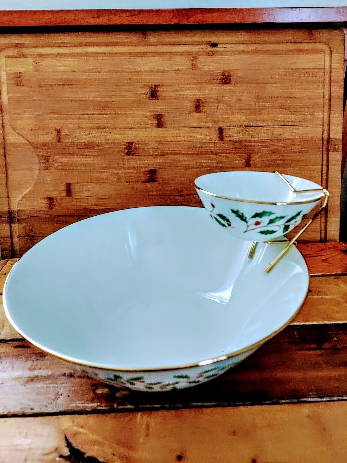 Vintage LENOX Holiday Threetiered Bowl Set Chip and Dip Holly Etsy