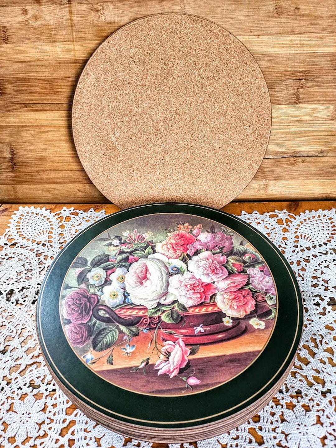 Vintage Nine PIMPERNEL Round Cork Backed Hard Placemats Rose Basket