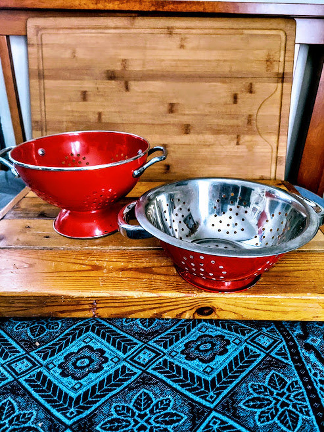 Vintage Two Red Enamel Footed Colanders Strainers Retro Country