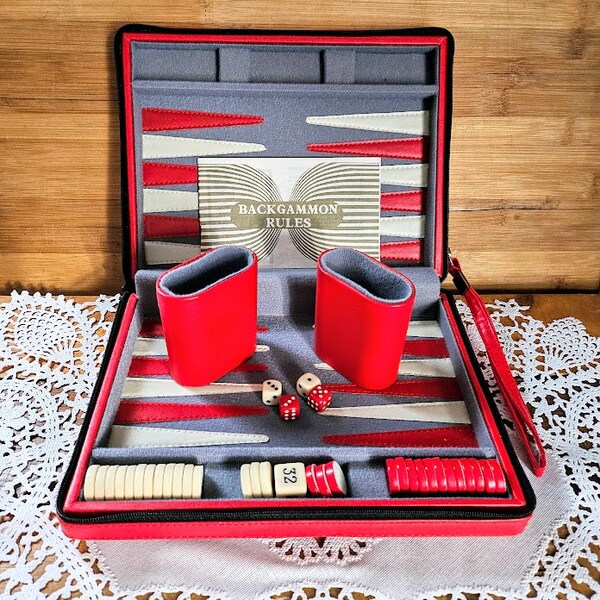 Vintage complete Backgammon Set Magnetic Travel Size Red Faux Leather Case with Zipper 9 X 7 Closed