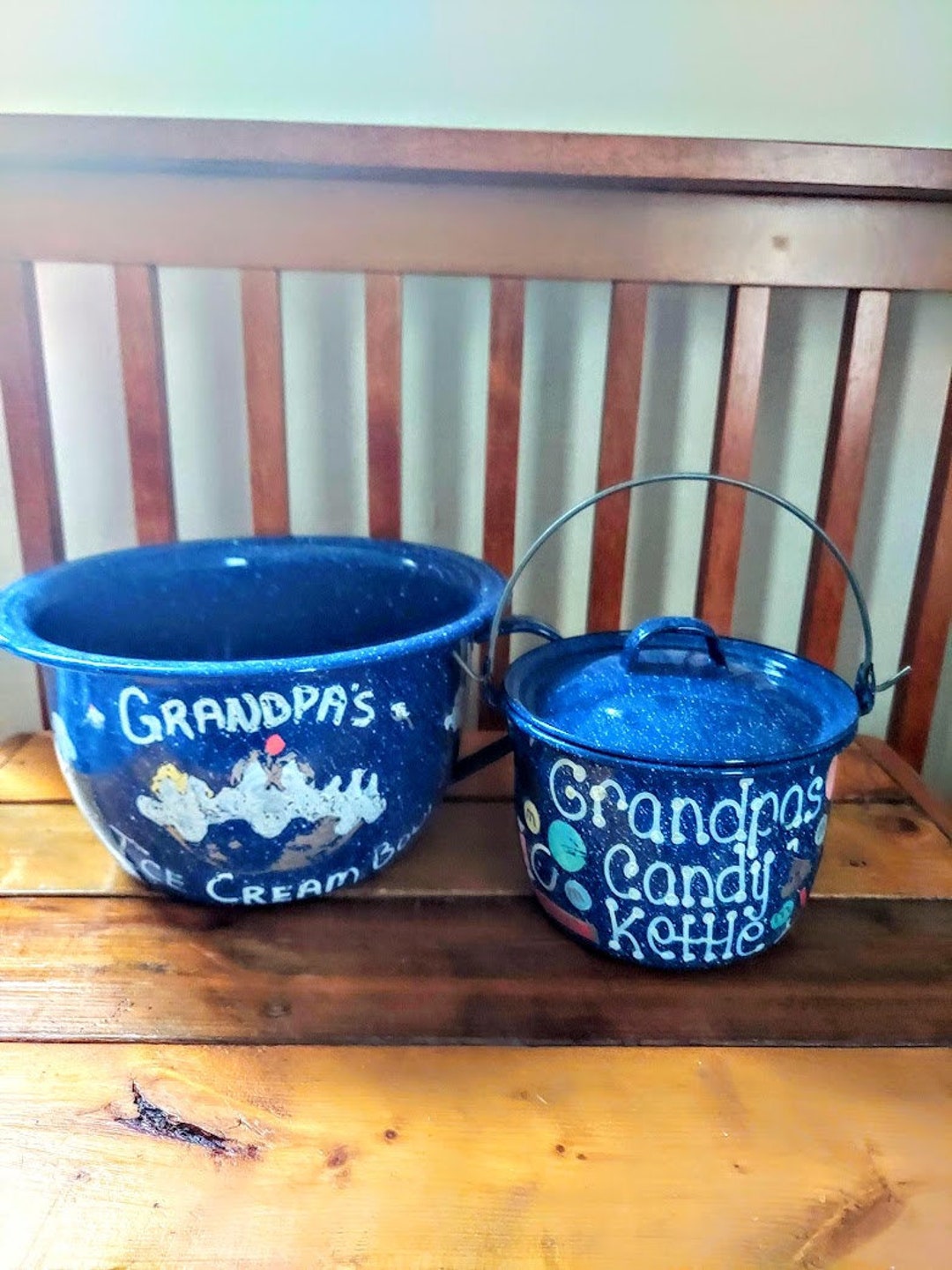 Vintage Two Blue Enamel Buckets, Retro Blue Enamel Grand Pa's Ice Cream Bowl and Grandpa's Candi