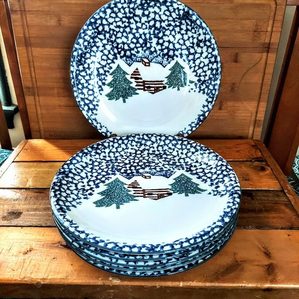 Vintage Four Piece Ceramic FOLKCRAFT "Country Cabin" by Tienshan 4 Dinner Plates Rustic Country Cabin Kitchen