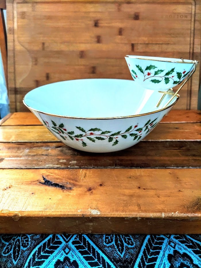 Vintage LENOX Holiday Threetiered Bowl Set Chip and Dip Holly Etsy