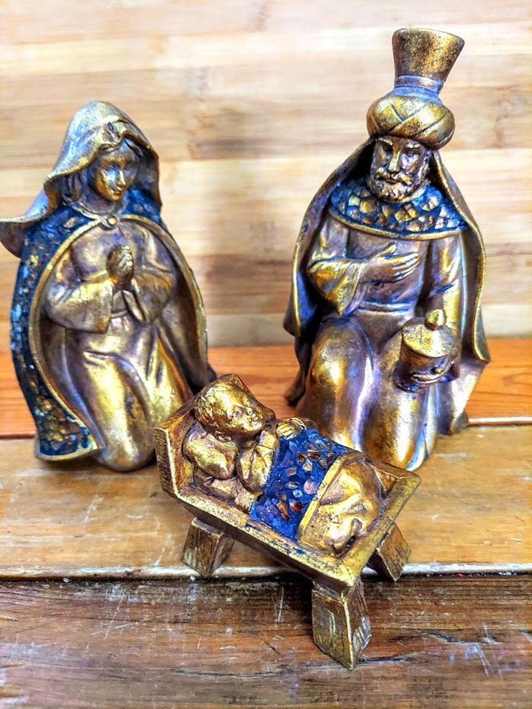 Vintage Italian Nativity Set Gold Toned Metal Hand Made Signed Retro