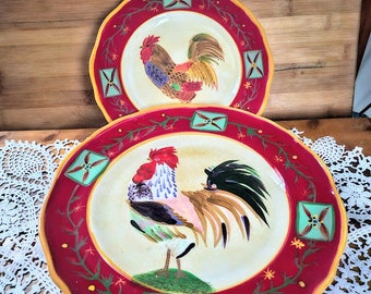 Vintage Two ONEIDA "Fair Weather Friends" Red by SAKURA Ceramic Rooster Plates 1 Dinner and 1 Salad Plate Retro Country Farmhouse Kitchen