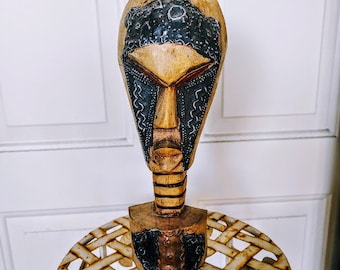 Vintage Tall Hand Carved Solid Wood African Sculpture with Hammered Metal 12" Ethnic Tribal Decor