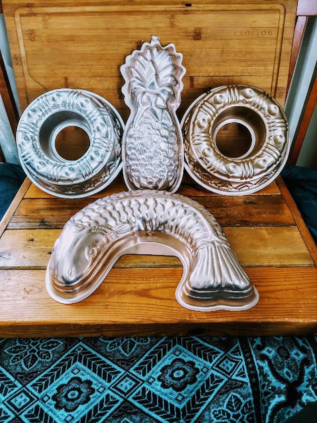 Vintage Four Aluminum Jello Molds With Hangers Fish Pineapple Two Bundt