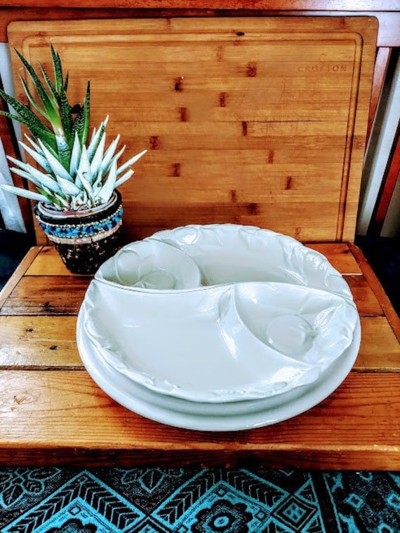 Vintage BELMAR of CALIFORNIA Pottery Two Piece Divided Dish Set EPOCH Base Plate White with Embossed Tomatoes and Vines