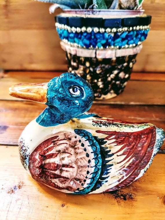 Vintage Hand Painted Ceramic Duck Trinket Box with