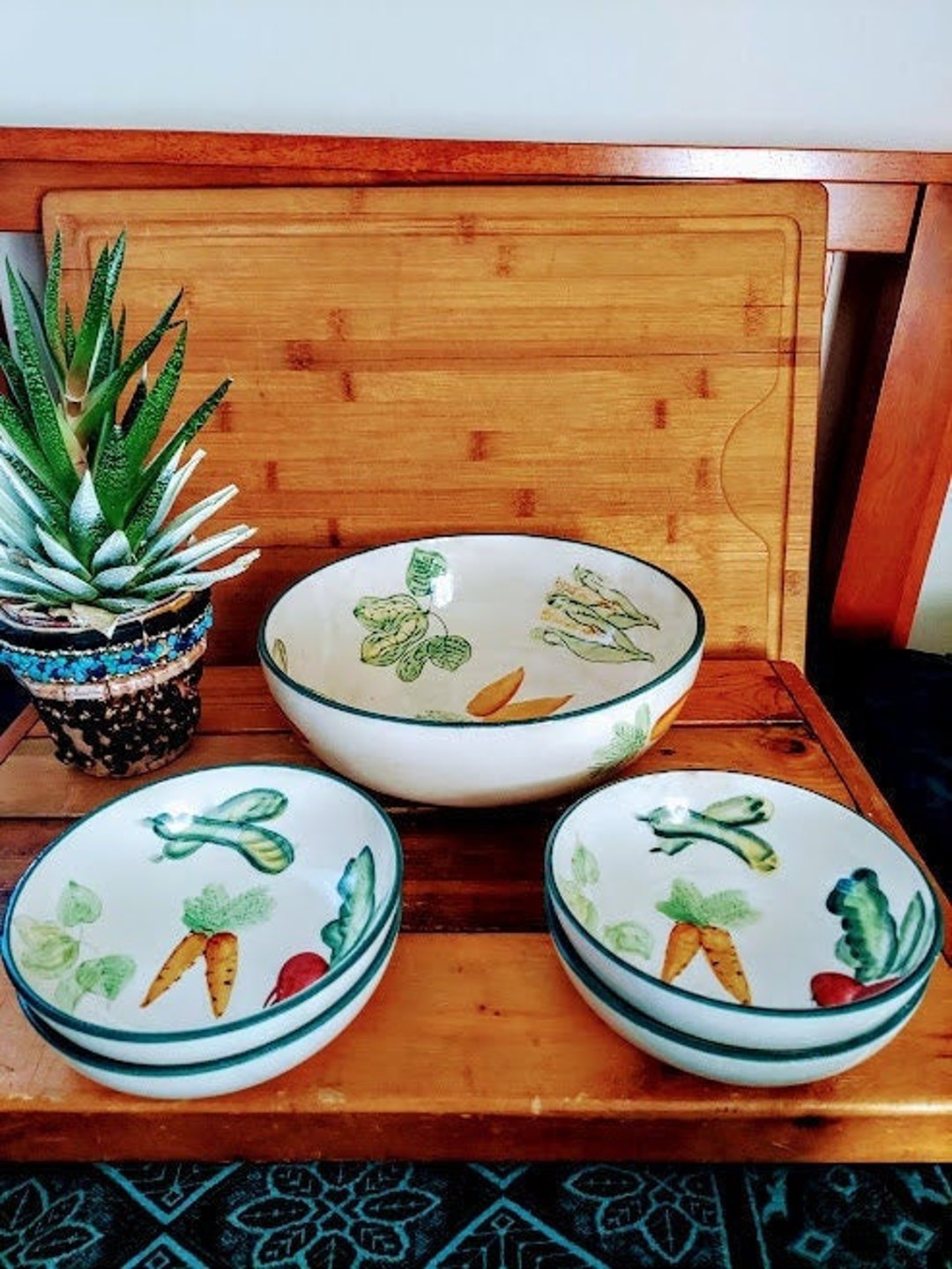 Vintage Japanese Ceramic Salad Serving Set Colorful Vegetable Pattern