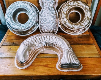 Vintage Four Aluminum Jello Molds With Hangers - Fish - Pineapple