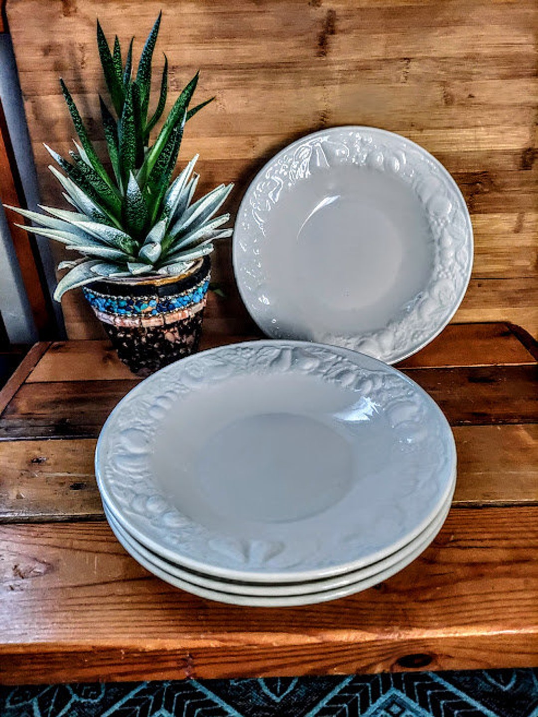 Vintage TABLETOPS UNLIMITED White Ceramic Fruit Embossed Soup Bowls