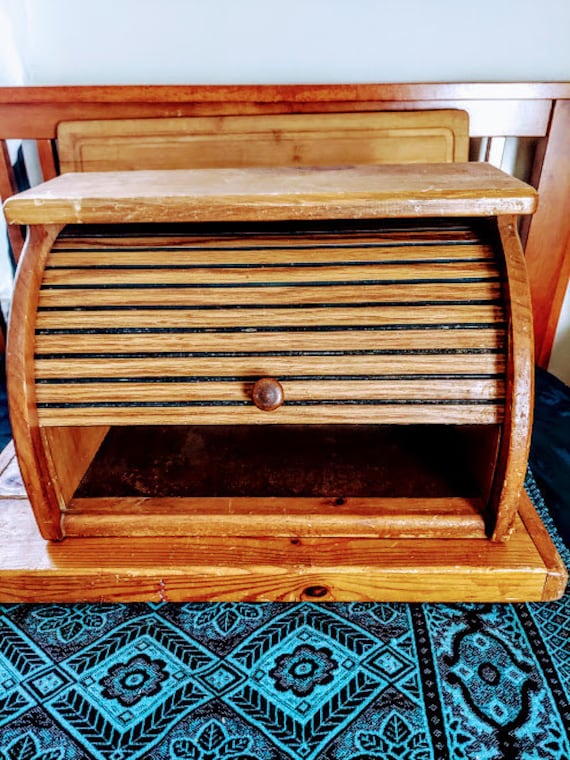 Vintage Wood Roll Top Bread Box Retro Country Farmhouse Etsy