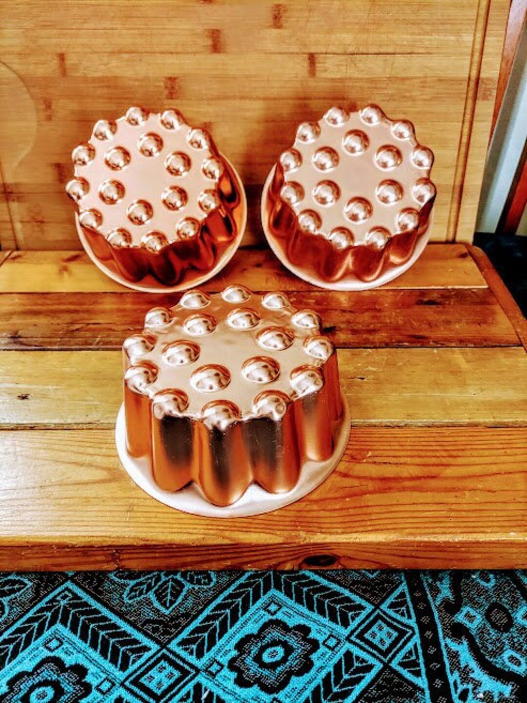 Vintage Three Copper Jello Molds With Hangers Retro Farmhouse Country