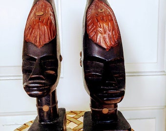 Vintage Two Hand Carved Solid Wood African Sculptures 10" Tall Ethnic Tribal Decor