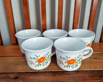 Vintage Set of Five Corning Ware Wildflower Mugs, Retro Corning Ware Cups, Farmhouse Kitchen Corning Ware Mugs, Corning Ware Wildflower