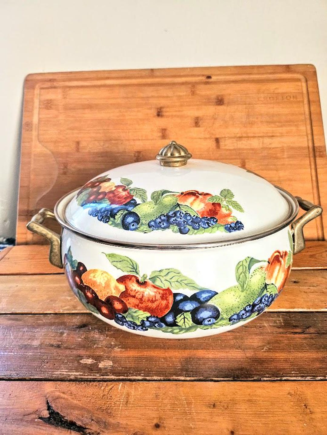 Vintage LINCOWARE Enamel Cooking Pot With Lid Brass With Cornucopia ...