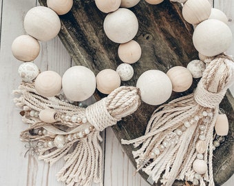 Glam XL 2" GIANT Chunky Heavy Beads~Whitewashed Natural White Distressed Wooden Bead Garland~XL 8" Handmade Cotton Tassels Crystal Beaded