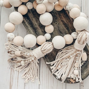 Glam XL 2&quot; GIANT Chunky Heavy Beads~Whitewashed Natural White Distressed Wooden Bead Garland~XL 8&quot; Handmade Cotton Tassels Crystal Beaded