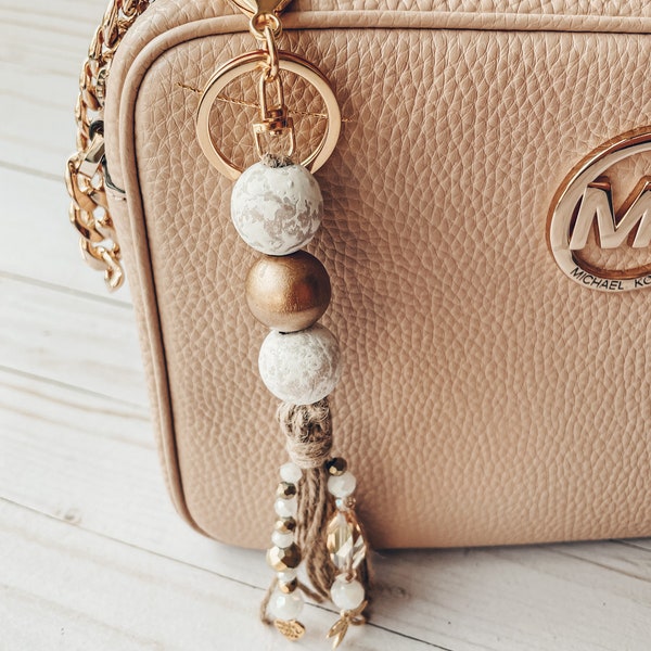 Glam 8" Bead Key Chain Tote Tassel White Distressed Chalky Gold Wood Beads~Purse Key Ring~ Bead Tassel~Gold Clasp~Gold Dragonfly Heart Charm