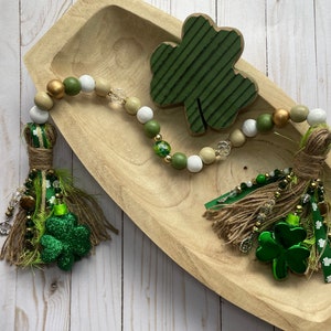 Glam St Patrick’s Day Green Shamrocks Gold White Wood Bead Garland~XL 7”Beaded Tassels Glass Crystal Beads Ribbons Charms