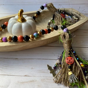 Glam Halloween Gold Black Orange Purple Green Wooden Bead Garland~XL7” Tassels Glass Crystal Beads Spooky Charms