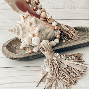 Glam Shells Big Chunky Beads Coastal Beachy Distressed White Gold Natural Wood Beaded Garland~XL 7&quot;Handmade Tassels Charms~Summer Home Decor