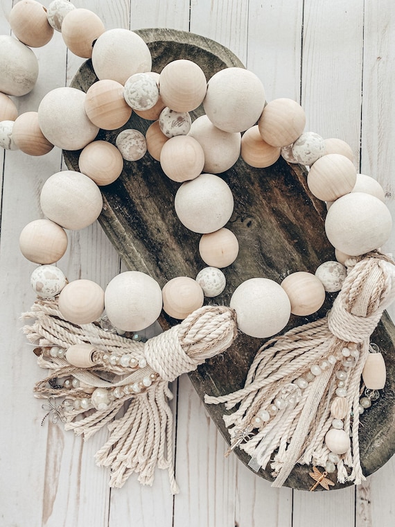 Handmade Large and Chunky wood Beads Garland with Cotton Tassels