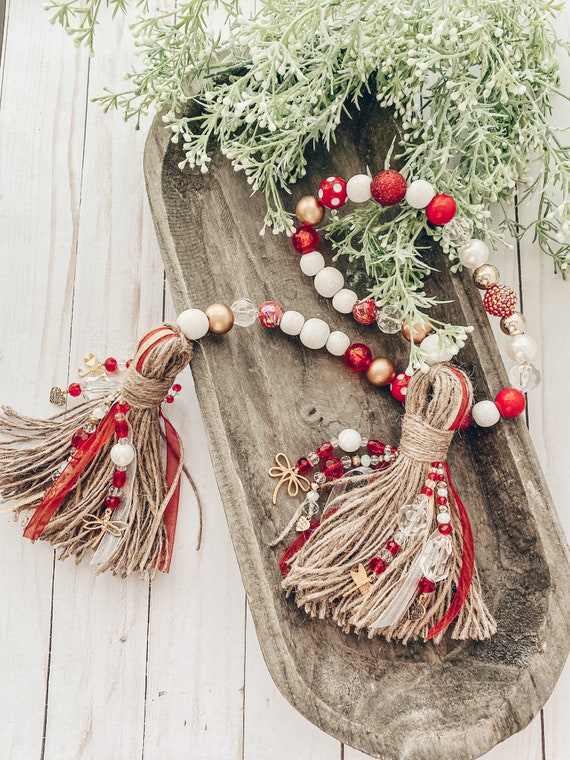 Handmade Wood Bead Garland with Tassel & Heart, Red, White & Pink Valentines  Day