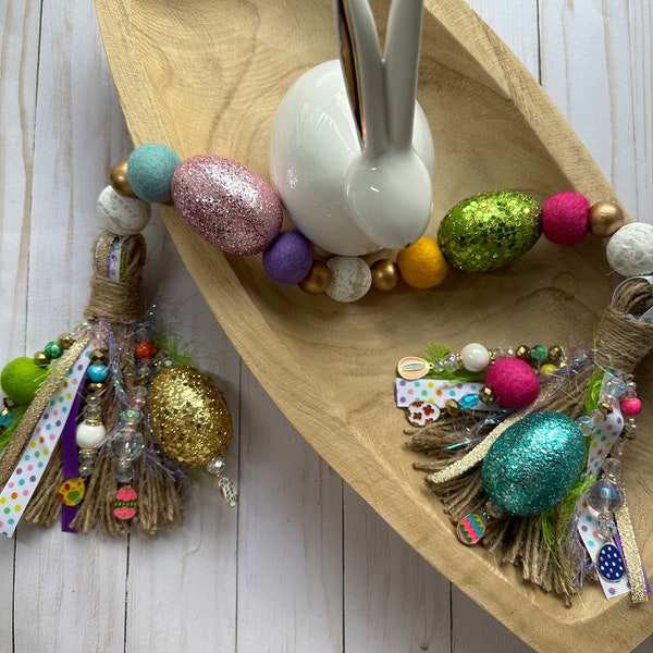Glam Easter Eggs Bright Colors Big Beads Gold Whitewashed Chunky Beaded Garland~XL 7” Handmade Beaded Tassels Crystal Glass Ribbons Charms