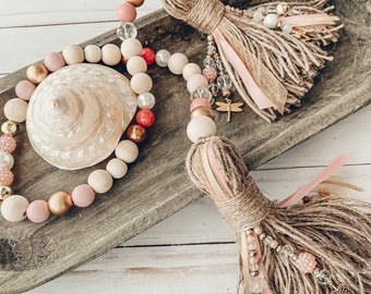 Glam Pink Gold Wooden Bead Garland ~ Sparkle Gold Pink Glass Beads ~ XL 7” Handmade Beaded Tassels Ribbons Charms ~ Farmhouse Shabby Chic