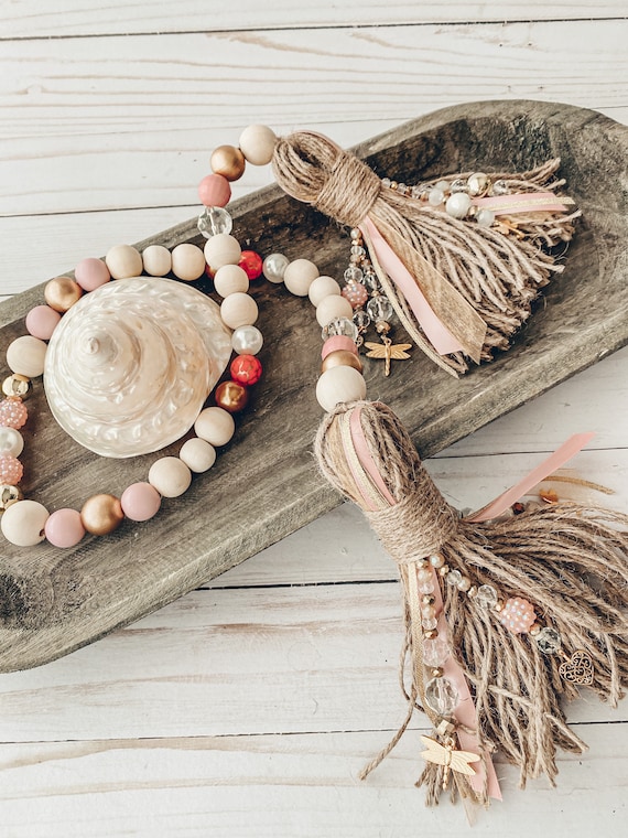 Glam Pink Gold Wooden Bead Garland Sparkle Gold Pink Glass Beads XL 7 Handmade Beaded Tassels Ribbons Charms Farmhouse Shabby Chic Etsy France
