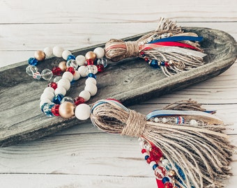 Glam Glass Americana Patriotic 4th of July~Red White Blue Gold Wooden Bead Garland ~ XL 7" Handmade Beaded Tassels Flag Heart Charms