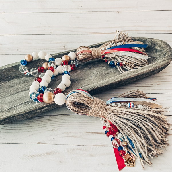 Glam Glass Americana Patriotic 4th of July~Red White Blue Gold Wooden Bead Garland ~ XL 7" Handmade Beaded Tassels Flag Heart Charms