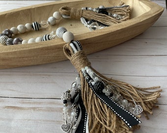 Glam Black Silver Grey White Wooden Bead Garland ~ Sparkle Beads Heart Charms ~ Contemporary Farmhouse Shabby Chic Decor ~ Tiered Tray Decor