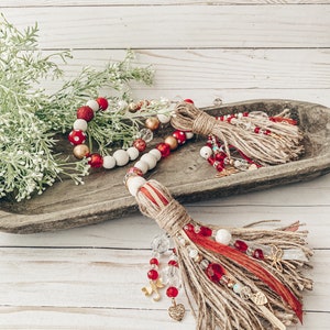 Glam Red White Gold Wood Glass Pearl Beaded Garland ~ XL 7” Handmade Beaded Tassels Ribbons Gold Dragonfly Heart Charms ~ Basket Tray Decor