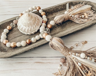 Glam Gold White Wooden Bead Garland ~XL 7”Handmade Beaded Tassels ~ Gold Pearl Glass Beads Charms ~Contemporary Farmhouse  Shabby Chic Decor