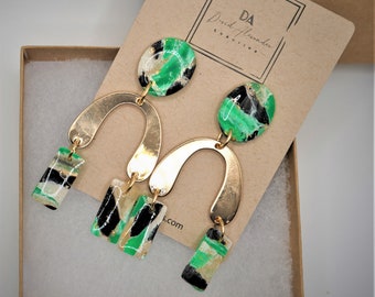 Green and gold four piece stud dangle earrings