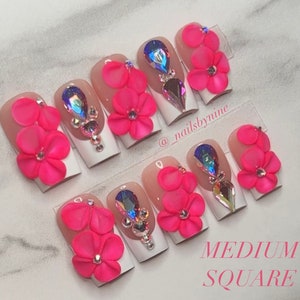French Tips|3D Acrylic Flowers|Bling Press On Nails