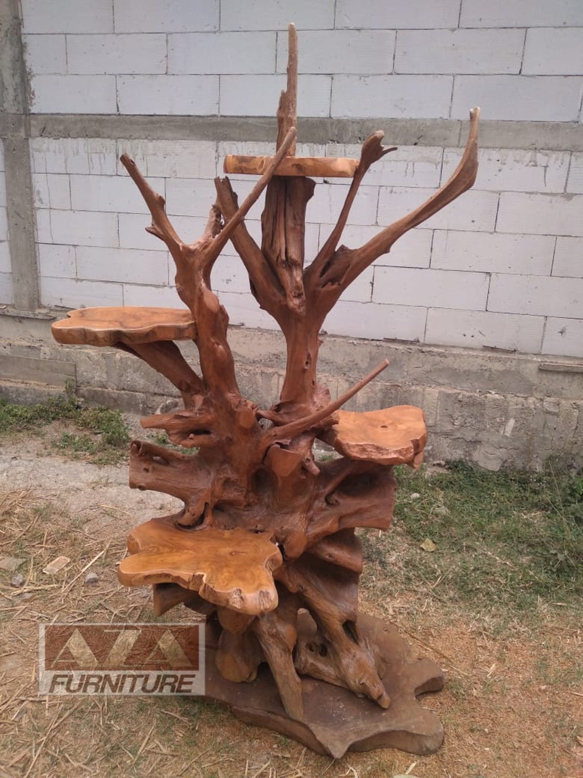 4 Tiered Driftwood Plant Stand with Teak Root Shelves Etsy