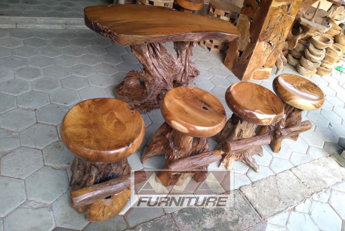 Garden Set of Teak Root Coffee Table with 4 Stools Natural Etsy