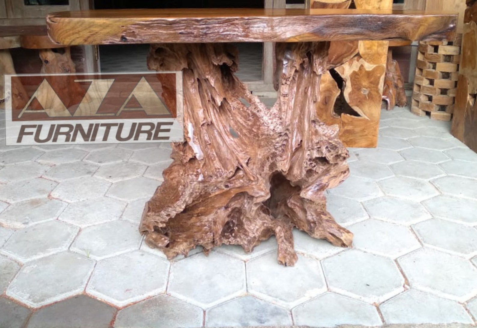 Garden Set of Teak Root Coffee Table with 4 Stools Natural Etsy