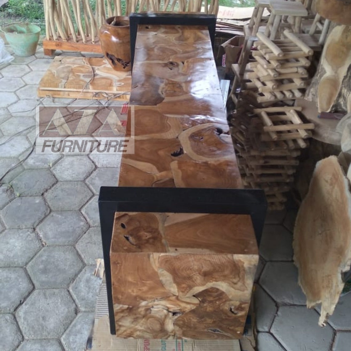 Lange Industrielle Teak Scheibe Gartenbank Rechteck Teak | Etsy