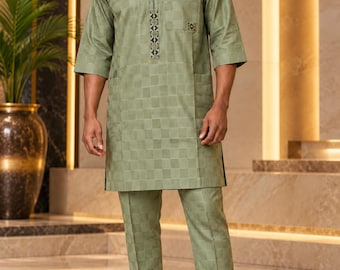 Sage Green African Men’s Shirt and Pants Set, Nigerian Traditional Outfit